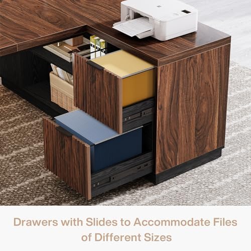 Tribesigns 78" L Shaped Executive Desk, Large Office Desk with Drawers and Storage Shelves, Modern Corner Computer Table Business Furniture for Home Office (Walnut & Brown) - Image 6