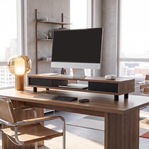 Fenge Dual Monitor Stand with Storage, Desk Shelf with Glass Sliding Door - Image 6