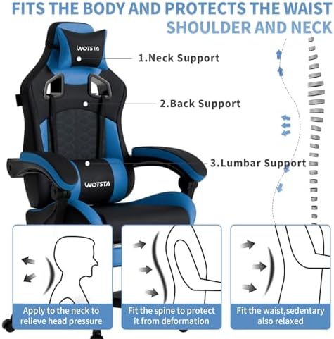 Gaming Chair with Footrest, Gaming Chairs PVC Leather Ergonomic Office Gamer Chair Headrest Lumbar Support Racing Style Video Gaming Chair for Office (Black Blue) - Image 7