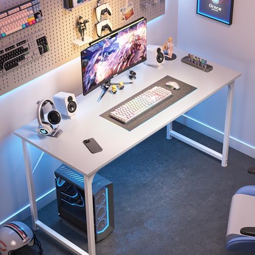 Huuger Computer Desk, 48 Inch Office Desk, Gaming Desk with Storage, Writing Desk Work Desk for Home Office, Study, Modern Simple Desk, Large Legroom, Metal Frame, White - Image 4