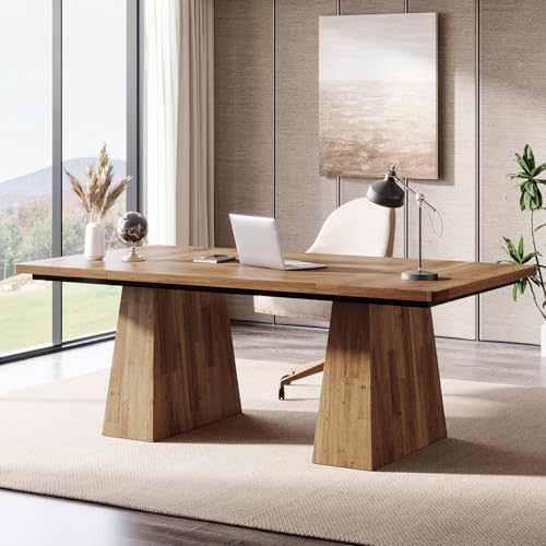 Tribesigns 63-Inch Executive Desk, Large Office Computer Desk with Double Pedestal, Modern Simple Workstations Writing Table Conference Table Business Furniture for Home Office, Light Brown by Tribesigns