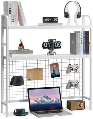 Desk Shelf, 36.8” Desktop Organizer Shelf with Grid Panel and Hooks, Desk Hutch for Computer Monitor, 2 Tier Desk Display Rack Wood Desktop Bookshelf Storage for Home Office Dorm (White, 36.8") by Grecodown