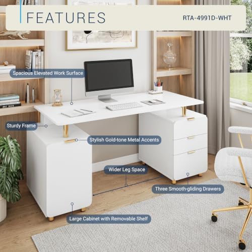 Techni Mobili 57"W Computer Desk w/ 3 Drawers & Storage Cabinet, White/Gold - Image 4