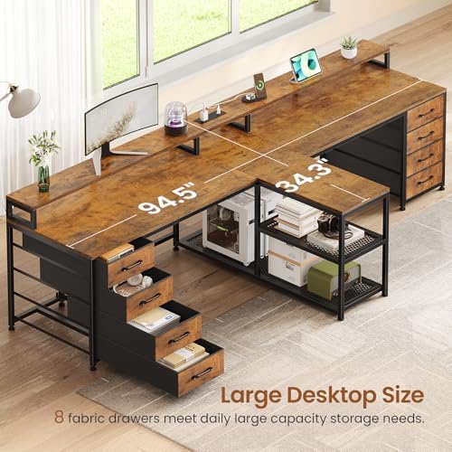 SEDETA 95" 2 Person Gaming Desk with 8 Drawers Storage Shelves,Rustic Brown - Image 3