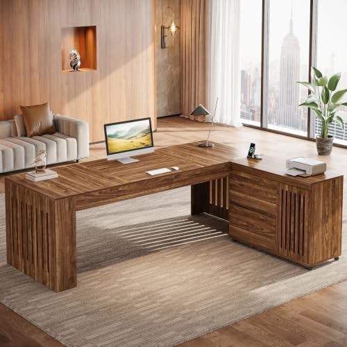 Tribesigns 70.87" Executive Desk with Mobile File Cabinet, Large L-Shaped Computer Office Desk with Rolling Storage Drawers, Business Workstation Set with Slatted Legs for Home Office, Brown - Image 3