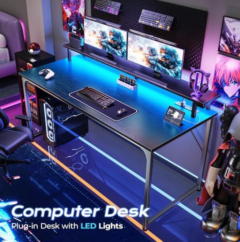 PRAISUN 48 inch Gaming Desk, LED & Power Outlets, Monitor Stand, Black - Image 4