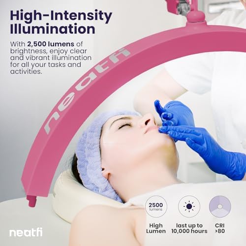 Neatfi Half Moon LED Table Lamp for Estheticians – 2,500 Lumens | CCT Dimming, 5 Light Modes | Professional Task Lamp for Nail Art, Facials, Threading & Tattoos (Pink, CCT with Base and Clamp) - Image 2