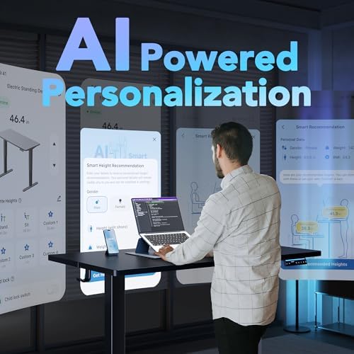 HUANUO 48" AI Smart Standing Desk with App-Synced Sedentary Reminders, Electric Height Adjustable Desk with Body-Data Ergonomic Presets, Voice Control Alexa/Google/Siri, 3 Memory Settings Table, Black - Image 3