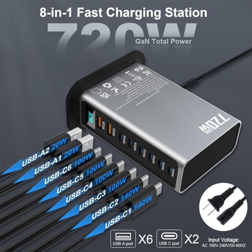 720W USB C Fast Charger Block, PD 3.1 140W 8 Port USB Charging Station, GaN Ⅲ Fast Charging Station for Multiple Devices, Laptop Charger Station Compatible with iPhone 17/iPad/MacBook,Samsung, Silver - Image 5