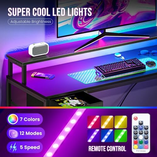 DUMOS Gaming Desk, Monitor Stand, LED Lights, Storage Shelves - Image 6