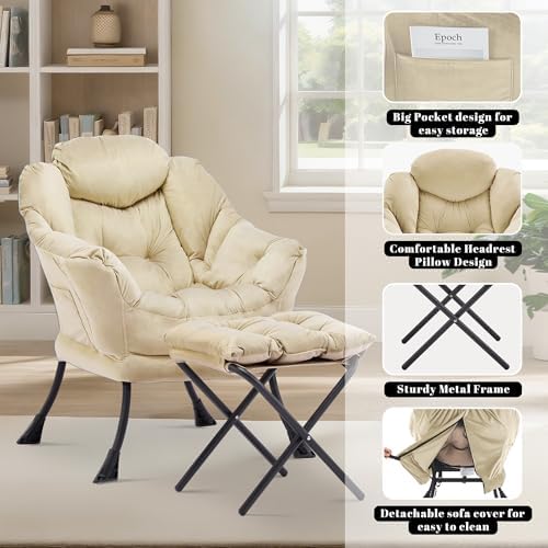 Lazy Chair with Ottoman, Comfy Reading Chair, Khaki - Image 5