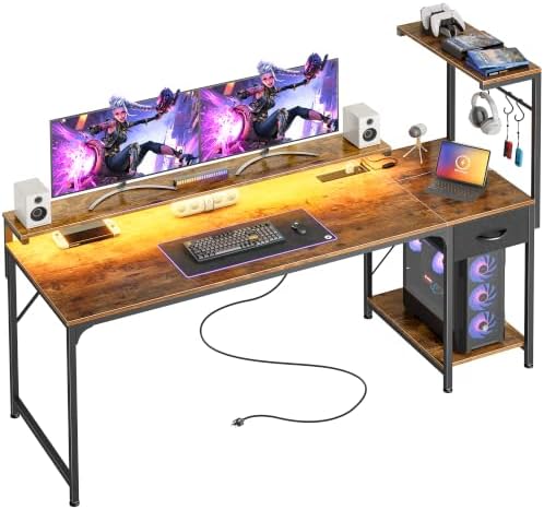 PRAISUN 63 Inch Gaming Desk with LED Lights & Power Outlets by PRAISUN