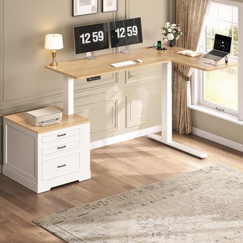 SEDETA Farmhouse L Shaped Electric Standing Desk, 70.9" x 39.4" Height Adjustable Office Executive Desk with 3 Drawers, Standing Computer Desks with Power Outlet for Home Office, Oak - Image 3