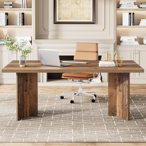 Tribesigns 63-inch Executive Desk, Vintage Home Office Computer Desk with Large Tabletop, Farmhouse Wood Writing Conference Table Workstation for Office, Study, Distressed Brown - Image 3