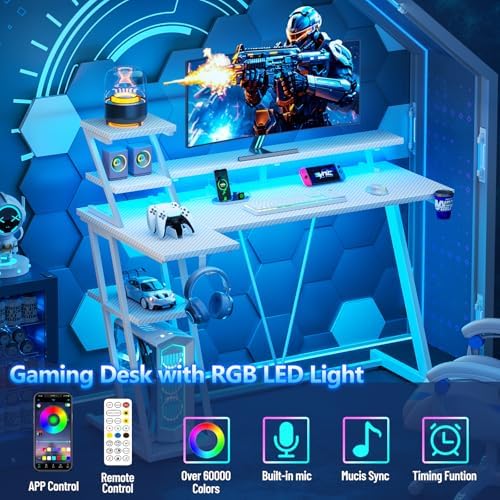 Korfile 47 Inch White Gaming Desk with LED Lights & Power Outlet, L Shaped Gaming Table with Storage Shelves, Gamer Workstations with Monitor Stand for Bedroom - Image 4