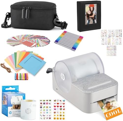 HP Sprocket Panorama Instant Portable Color Label & Photo Printer (Grey) Gift Bundle with case, Zink roll, Photo Album, Markers, Stickers and Frames by HP