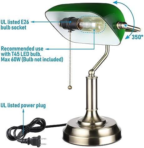 TORCHSTAR Green Glass Bankers Desk Lamp with Pull Chain, E26 Base - Image 6