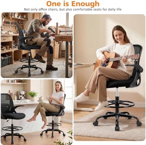 Drafting Chair Tall Office Chair with Flip-up Armrests, Adjustable Height, and Enhanced Lumbar Support - Ergonomic Rolling Stool, Back Support, and Adjustable Foot Rest Ring for Standing Desk Black - Image 5