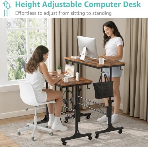 Small Portable Rolling Standing Desk - 32 Inch Adjustable Height Mobile Stand Up Desks with Wheels for Treadmill Walking Pad, Teacher Podium for Classroom, Couch Sofa Side Laptop Table, Rustic Brown - Image 5
