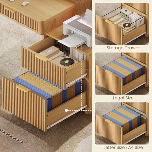 SEDETA 59" Computer Desk with 4 Storage Drawers, Fluted Wood Office Desk with File Drawer, LED Lights and Power Strip, Gaming Table Writing Desk for Home Office, Living Room, Bedroom, Oak - Image 5