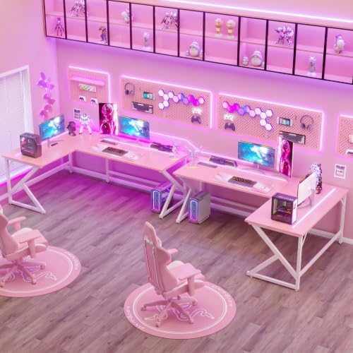 39.4'' L Shaped Gaming Desk with LED Lights & Power Outlets, Pink Desk - Image 2