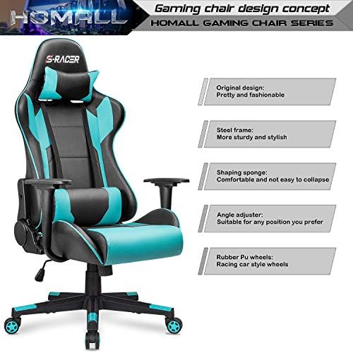 Homall Gaming Chair, Office Chair High Back Computer Chair Leather Desk Chair Racing Executive Ergonomic Adjustable Swivel Task Chair with Headrest and Lumbar Support(Cyan) - Image 7