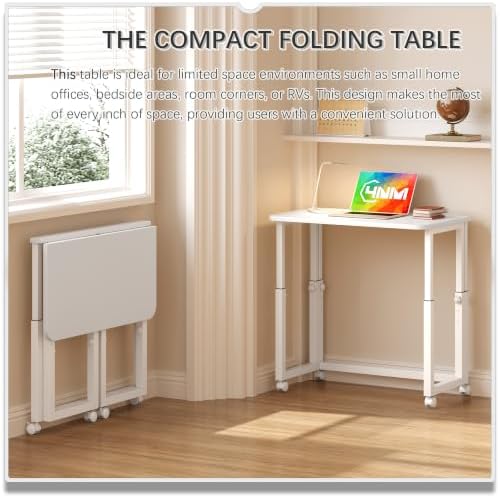 4NM No Tool Assembly 27.5" Small Desk, Folding Portable Desk with Wheels, Adjustable Height Foldable Computer Home Office Desks, Collapsible Study Writing Table for Space Saving Bedroom - All White - Image 3