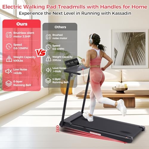 KASSADIN Portable Treadmills for Home Small, Walking Pad with Handle Bar, 3.5HP Electric Mini Treadmills for Home Exercising, Walking Pad Treadmill with Handles and Incline, 0.6-10MPH, 400LBS - Image 4