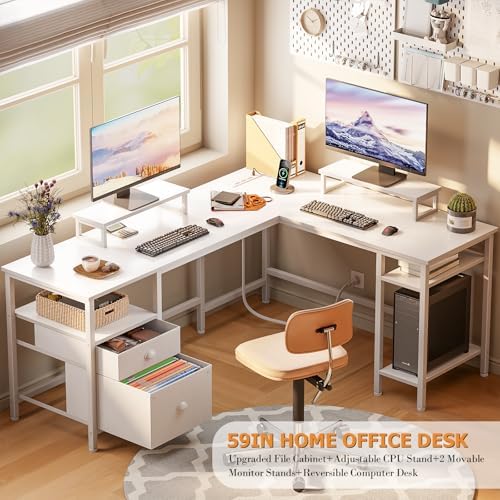 Furologee White 59” L Shaped Desk with Power Outlet, Reversible Computer Desk with File Drawer & 2 Monitor Stands, Corner Home Office Table with Storage Shelves for Gaming Writing - Image 4