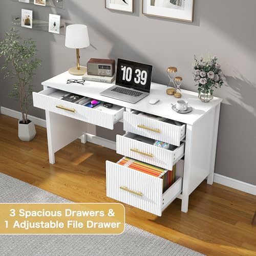 Executive Desk with Drawers: 54" White Home Office Desks with File Drawer - Image 3