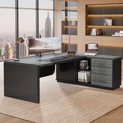 Tribesigns 81‘’ L-Shaped Executive Desk, Large Modern Office Desk with Drawers and File Cabinet for Home or Business Workspace, Grey & Black Computer Desk with Storage Shelves - Image 3