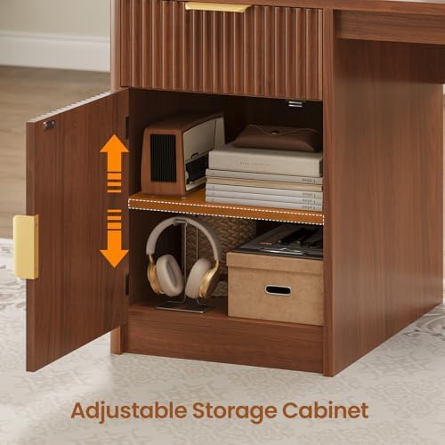 SEDETA 67" x 65" L Shaped Desk with Hutch, RGB LED Corner Computer Desk with Power Sockets, Fluted Home Office Desk with File Drawer, Storage & Glass Display Cabinets for Gaming & Working, Brown - Image 6