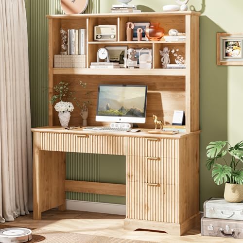 Vabches Fluted Executive Desk with Drawers, Wood Computer Desk with Ample File Drawer, Home Office Desk with Hutch for Study, Bedroom, Living Room, Oak - Image 3
