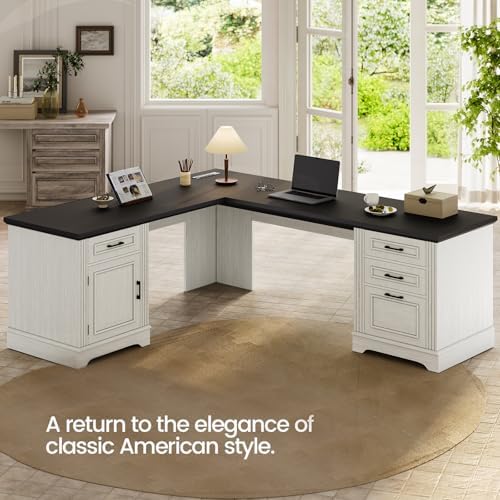 Itaar Farmhouse Executive L Shaped Desk, Home Office Desk with File Drawer and Power Outlet, Computer Corner Desk with Drawers and Storage Cabinet, Workstation for Office Home, White - Image 3