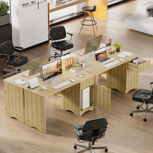 Bestier 47 inch Fluted Computer Desk with Drawer, Office Desk with File Cabinet, Modern Wood Desk with Storage Cabinet for Home Office Bedroom Study, Natural Oak - Image 5