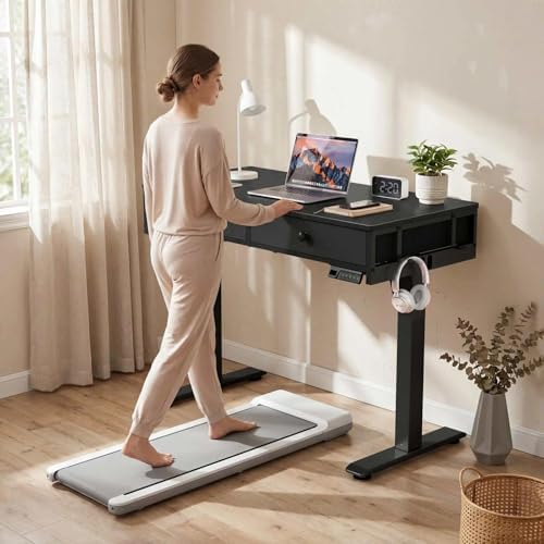 KLUVIS Black Adjustable Desk with Storage, 39 Inch Small Black Desk with Drawers, Small Space Stand Up Computer Desks for Home Office Bedroom, Sit Stand Work Desks for Walking Pad - Image 2