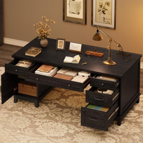GarveeHome Farmhouse Executive Desk with File Drawers, 60 in Home Office Desk with Charging Station, Wooden Computer Desk with Cabinet Storage for Work Study Writing, Rustic Black by GarveeHome