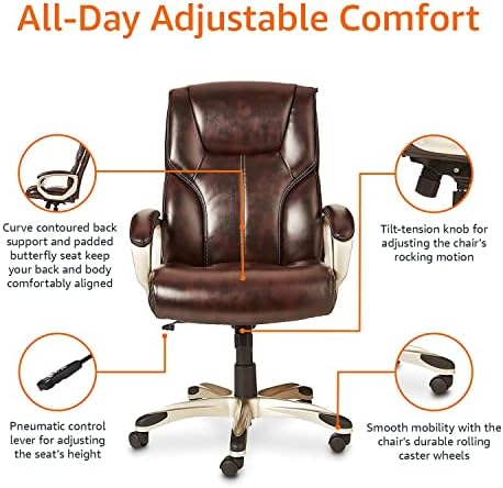 Amazon Basics Executive Home Office Desk Chair with Padded Armrests, Adjustable Height and Tilt, Rolling Swivel Chair, 275 Pound Capacity, Brown and Gold - Image 5
