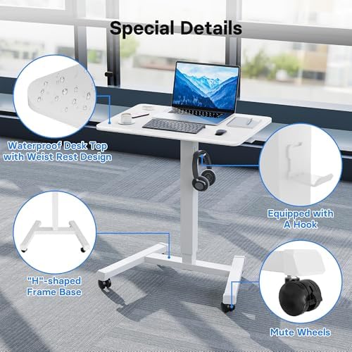 BONTEC Mobile Standing Desk Adjustable Height,Rolling Laptop Cart with Hook - Image 5