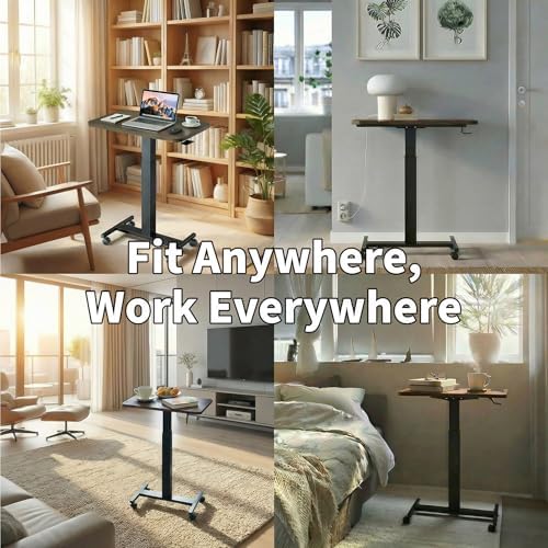 HUANUO Small Rolling Laptop Standing Desk, Height Adjustable Mobile T-Base Desk with Lockable Casters, Portable Sit-Stand Workstation for Bedside & Sofa, Walnut (Pack of 2) - Image 7