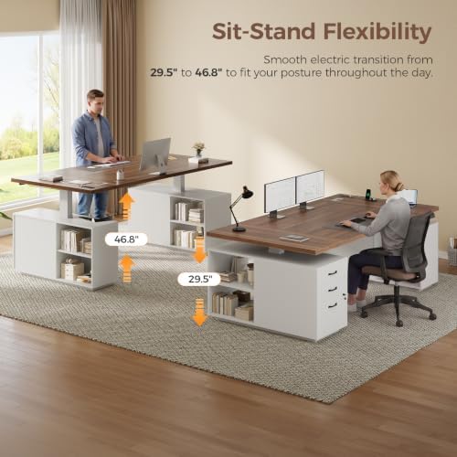 71" Electric Standing Desk with Drawers, Electric Height Adjustable Executive Desk with Lockable File Cabinet, Home Office Desk, Open Storage Compartments, Built-in Power Outlet, White - Image 3