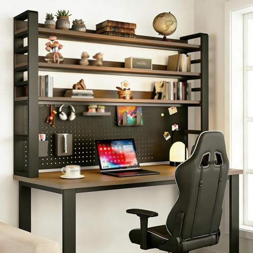 2/3/4 Tier Desk Hutch, Freestanding Desktop Bookshelf, Metal Desk Shelf with Pegboard, Desk Shelves for Top, for Dorm Office and Home(Black+Black Walnut,53 * 9 * 49in) by ZUGIATP