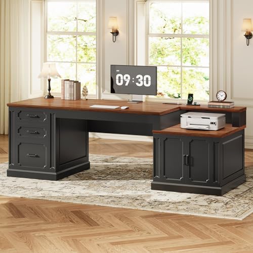 SEDETA Farmhouse 70.9" Executive Desk, Home Office Desk with File Drawers and Storage Cabinet, Computer Desk with Power Outlet for Home Office, Work Study Writing, Black+Brown by SEDETA