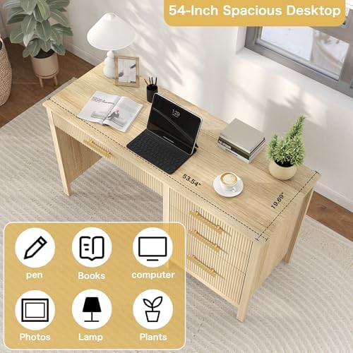 Executive Desk with Drawers: 54" Oak Home Office Desks with File Drawer - Image 6