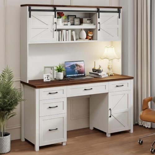 Vabches Farmhouse 67" H Executive Desk with Hutch & 5 Drawers, Unique White by Vabches