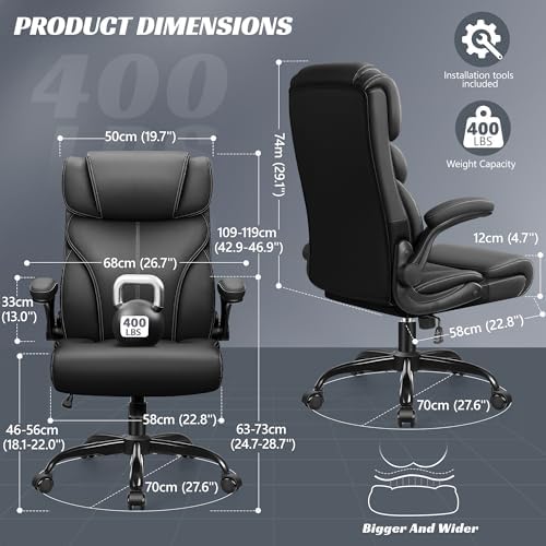 HeroSet Office Chair, Ergonomic Big and Tall Computer Desk Chairs, Executive Breathable Leather Chair with Adjustable Flip-up Armrests, Lumbar Support Swivel PC Chair with Rocking Function,Matte Black - Image 2