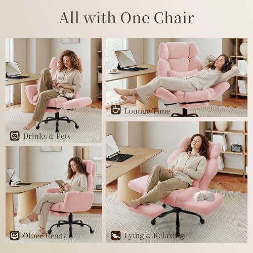 Office Chair with Flip Armrests,Big and Tall Office Chair with Foot Rest,Extra Wide Seat & Lumbar Pillow,Comfy Criss Cross Chair for Pets Sitting,Ergonomic Computer Gaming Chair,Teddy Fleece,Pink - Image 3