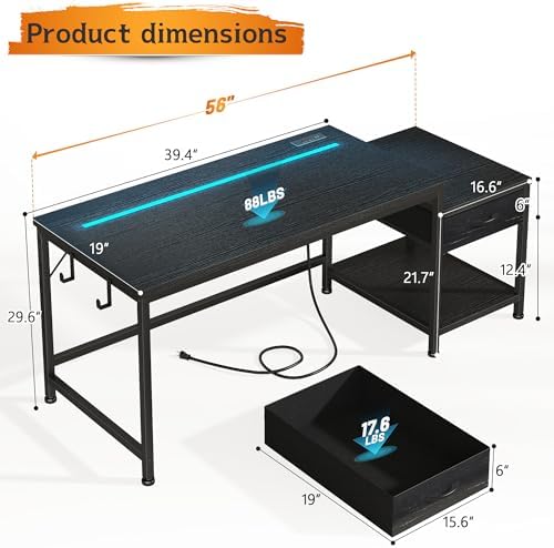 DurayLoly 56" Gaming Desk with Printer Shelf & Power Outlet - Image 3