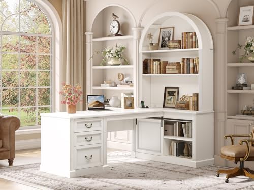 SEDETA 67" L Shaped Desk with Tall Arched Bookshelf & 3 Drawers Storage by SEDETA
