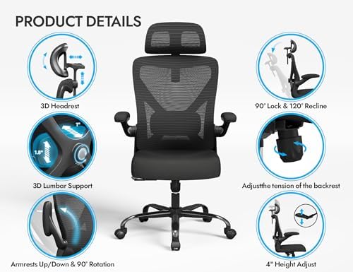 Ergonomic Office Chair: Mesh Desk Chair Comfy with Headrest& Lumbar Support - Image 5